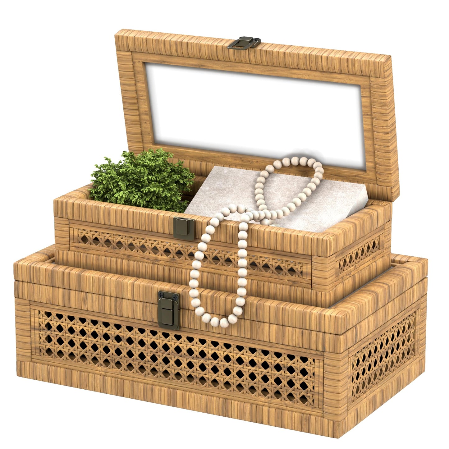 Rattan Decorative Box,Boho Display Boxes with Lids,Set of 2 Rectangular Wicker Storage Decoration,Natural Woven Cane Bins for Home Decor for Rustic Farmhouse(Yellow and Black)