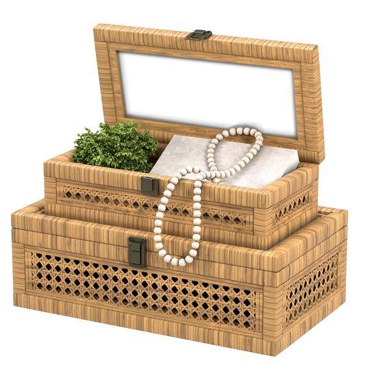 Rattan Decorative Box,Boho Display Boxes with Lids,Set of 2 Rectangular Wicker Storage Decoration,Natural Woven Cane Bins for Home Decor for Rustic Farmhouse(Yellow and Black)