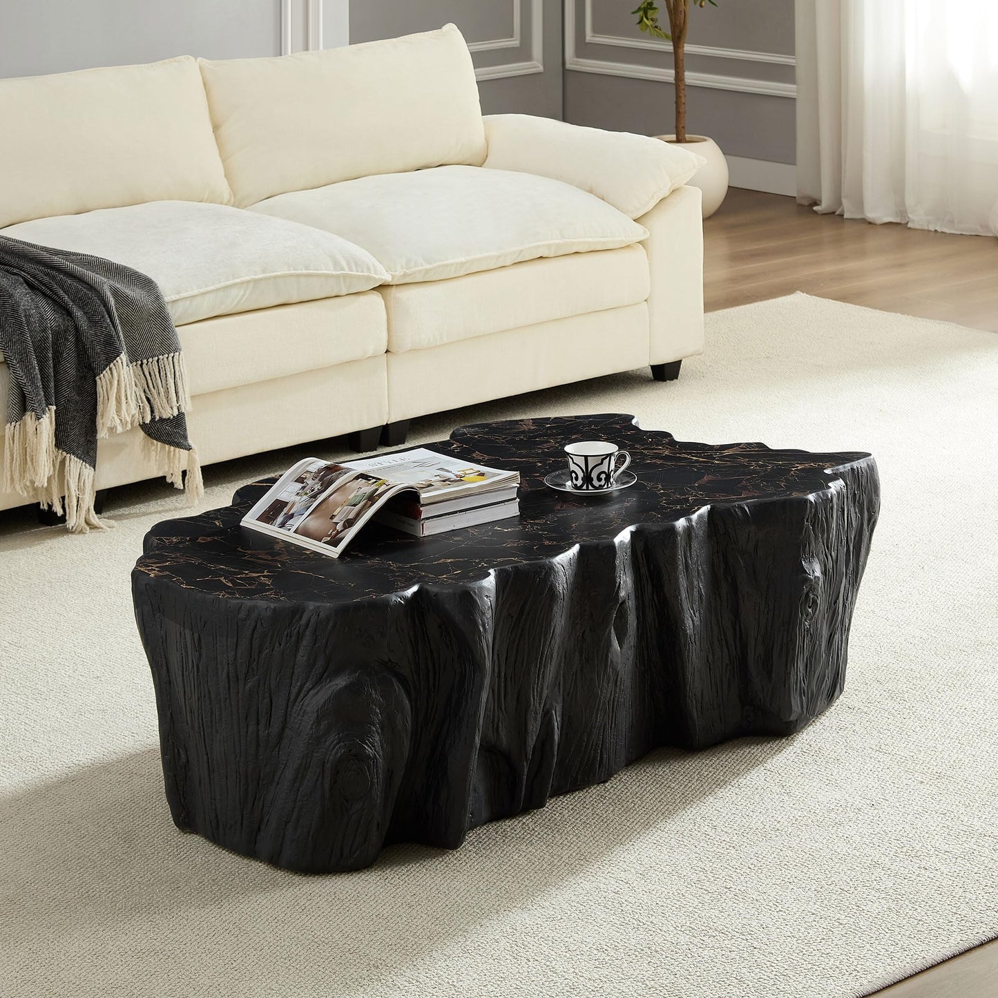 WILLIAMSPACE 43.31" Rectangle Coffee Table with Burl Wood Veneer & Sturdy Base, Modern Luxury Wood Drum Center Table End Table Accent Side Table for Living Room, Minimalist Fluted Design, Oak