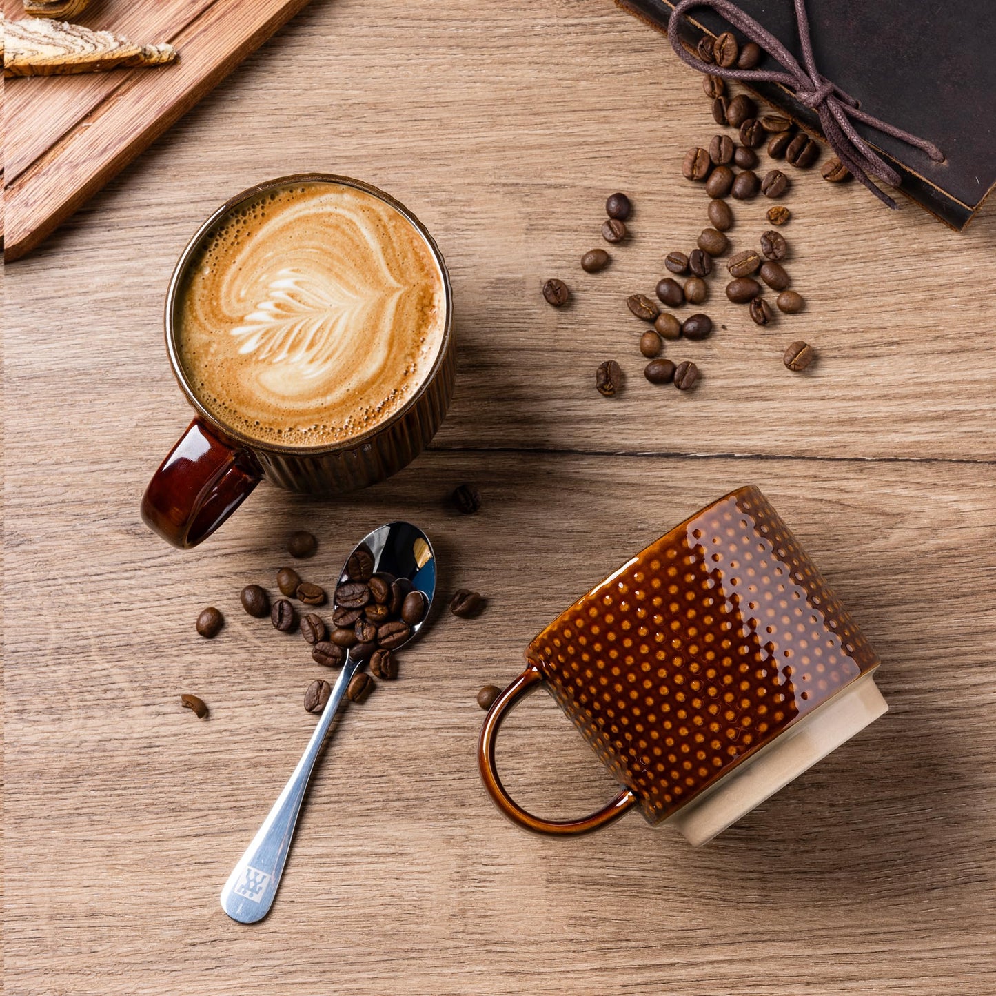 GBhome 12OZ Stackable Coffee Mugs, Ceramic Coffee Mugs with Texture Patterns for Man,Woman,Dad,Mom, Modern Coffee Mugs Set of 4 for Latte/Cappuccino/Cocoa. Dishwasher&Microwave Safe, Pale Khaki