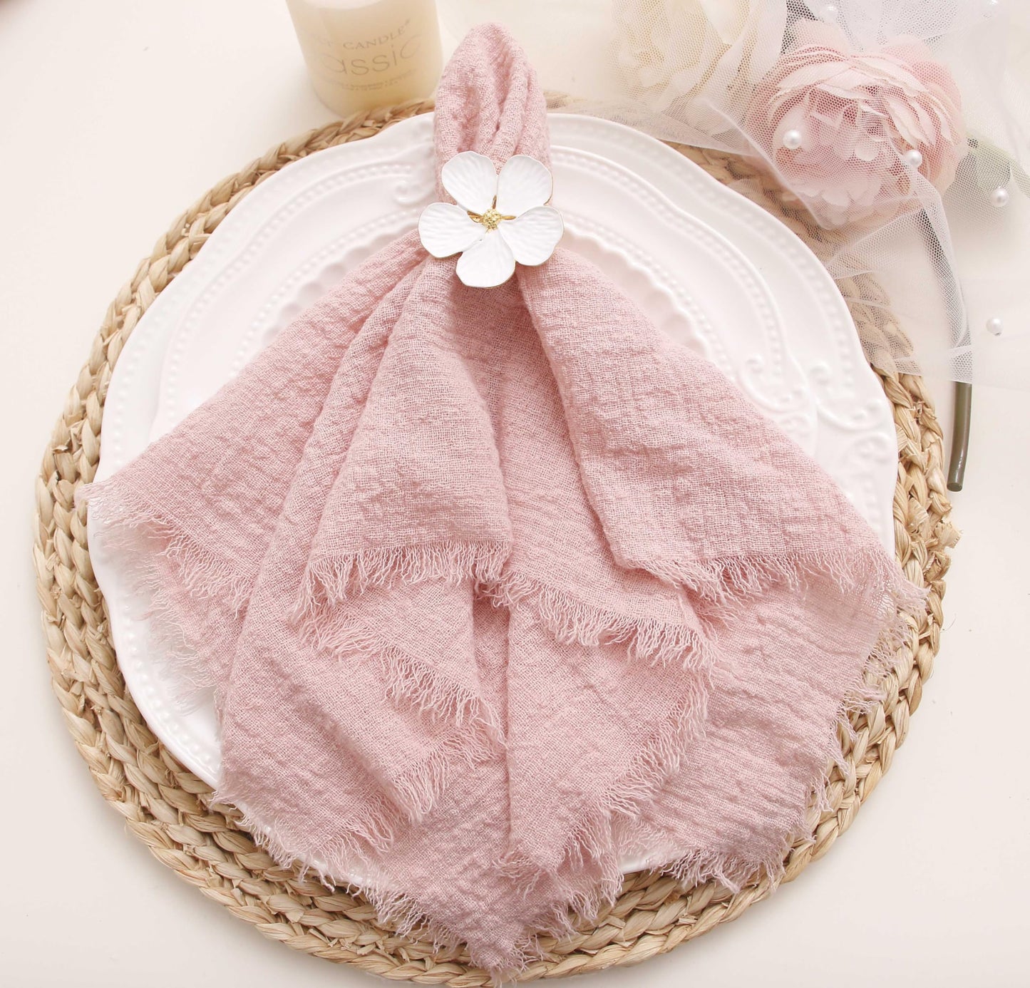 Cloth Napkins with Fringe Set of 12,100% Soft Cotton, Gauze Washable Easter Napkins for Wedding Decorative Dinner Parties, Valentine's Day (16''*16'') Light Blue