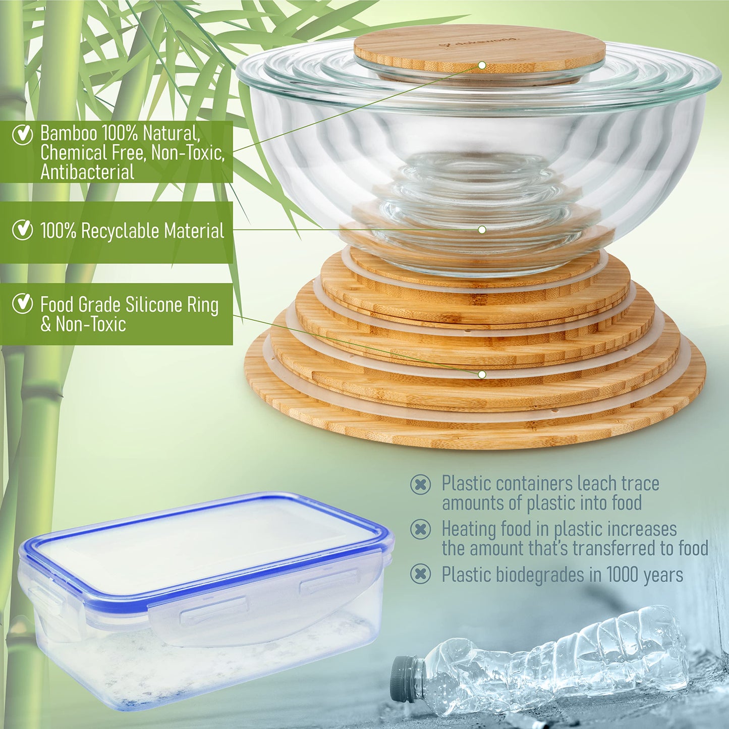 Glass Container Set with Acacia Lids - 4 Stackable Meal Prep Containers. Durable heat resistant Inert Borosilicate Glass