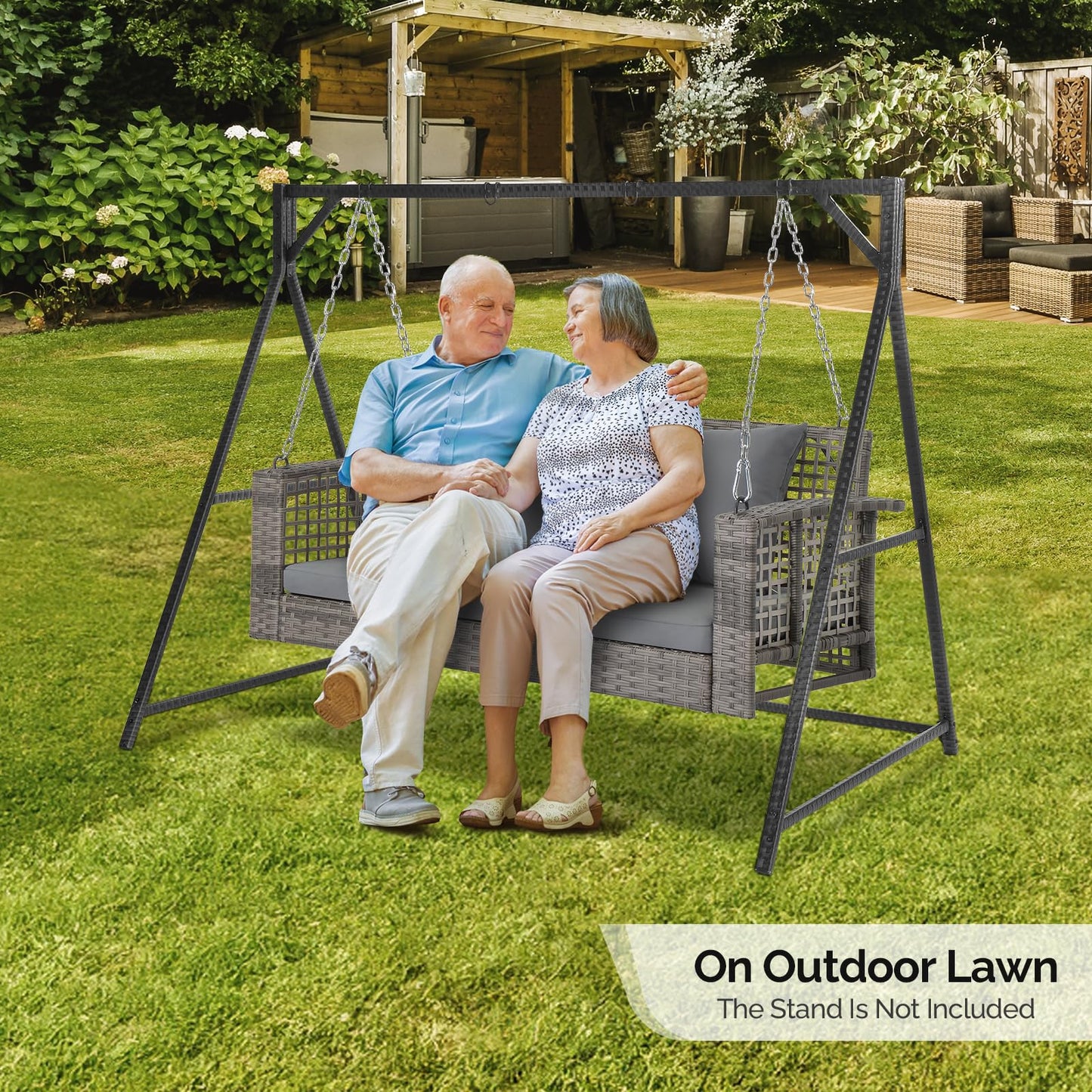 VINGLI 2.4 FT 1-Person Use Round Rattan Porch Swing Outdoor Support 440 LBS with Cushions & Adjustable Chains, Patio Wicker Swing Bench Chair for Garden, Yard, Lawn, Tree, Brown
