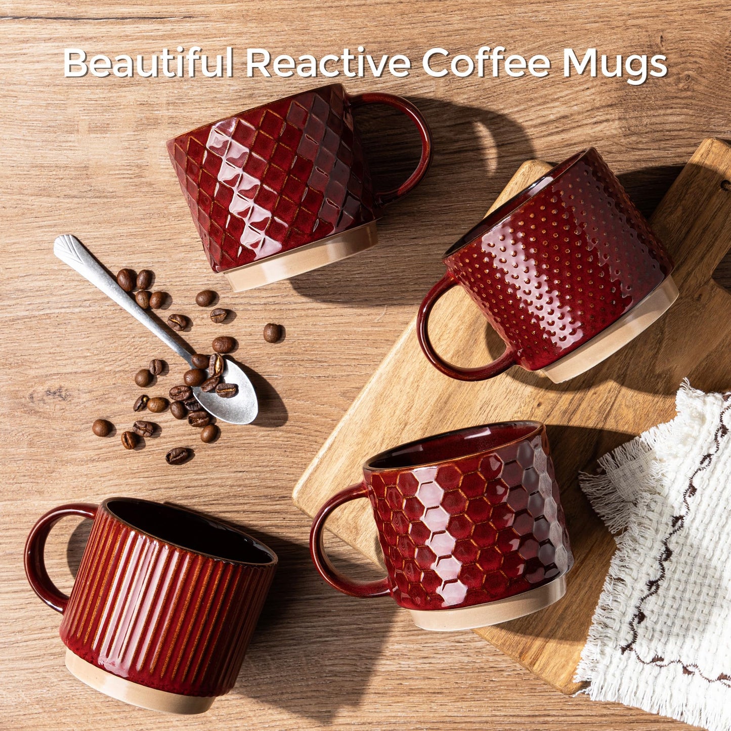 GBhome 12OZ Stackable Coffee Mugs, Ceramic Coffee Mugs with Texture Patterns for Man,Woman,Dad,Mom, Modern Coffee Mugs Set of 4 for Latte/Cappuccino/Cocoa. Dishwasher&Microwave Safe, Pale Khaki