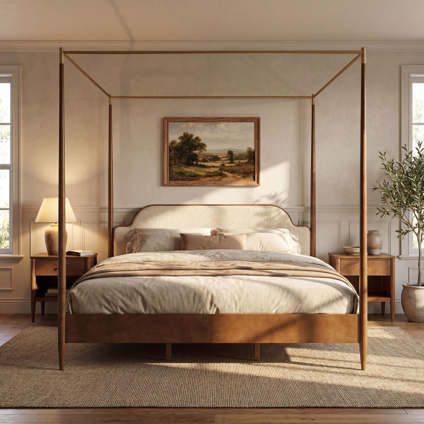 Vintage Upholstered 4-Poster Canopy Bed