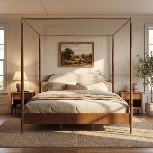 Vintage Upholstered 4-Poster Canopy Bed