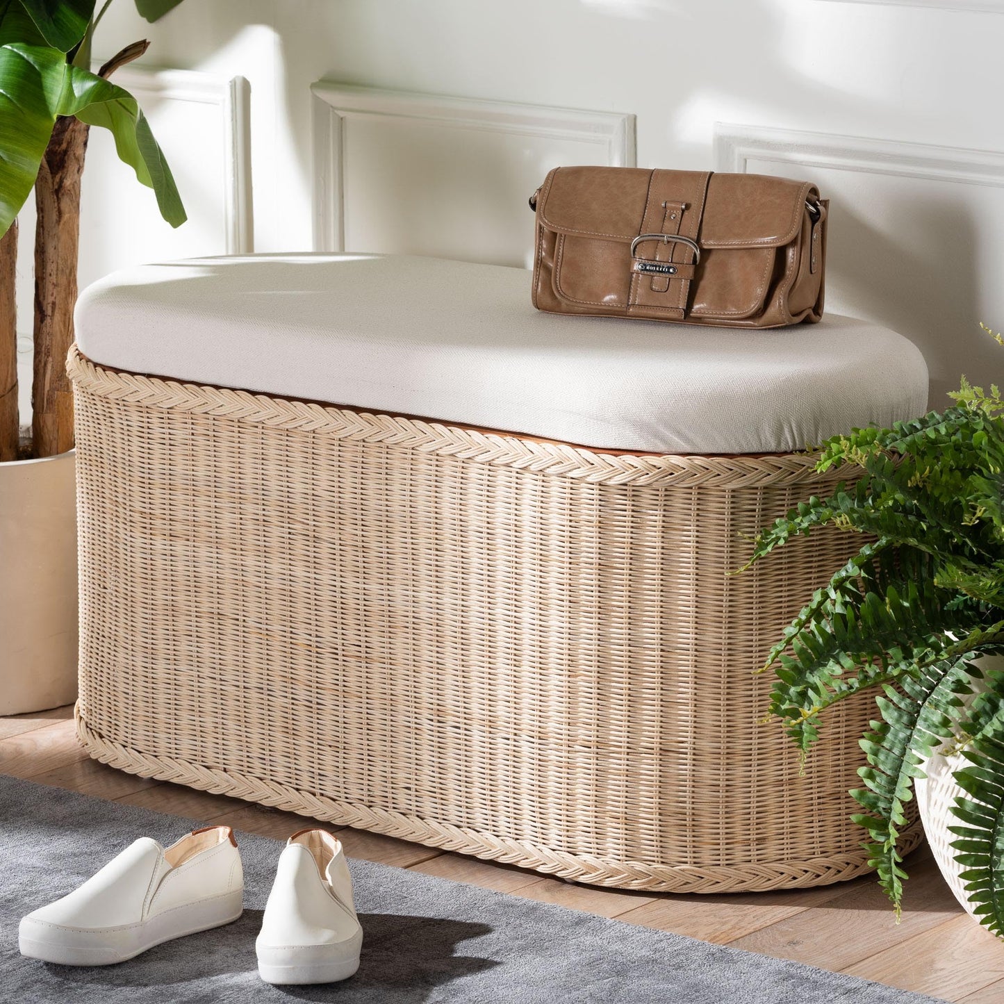 Braided Natural Rattan Storage Bench with Cushioned Lift-Top Lid