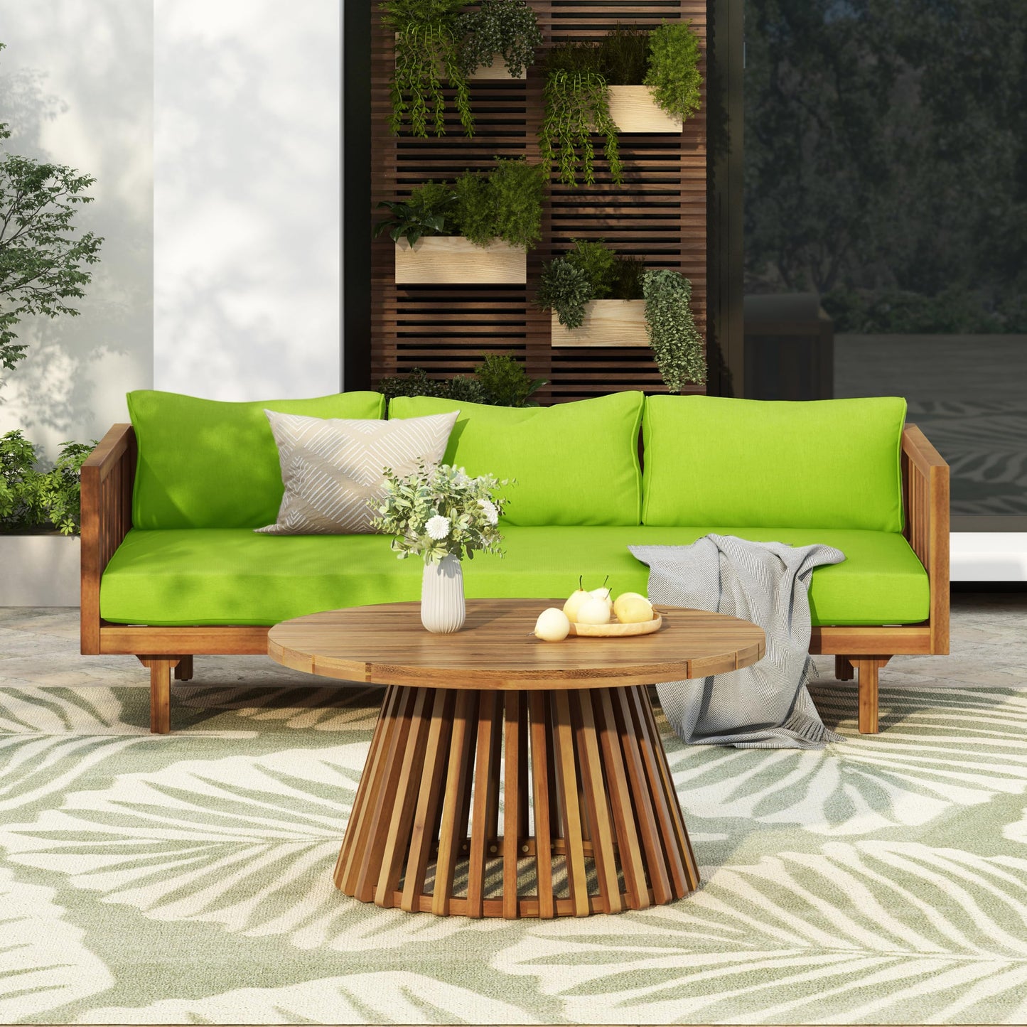 Outdoor Acacia Wood Conversation Set, 3-Seat Loveseat Sofa w/Cushion and Round Coffee Table for Backyard, Patio Furniture, Teak+Beige