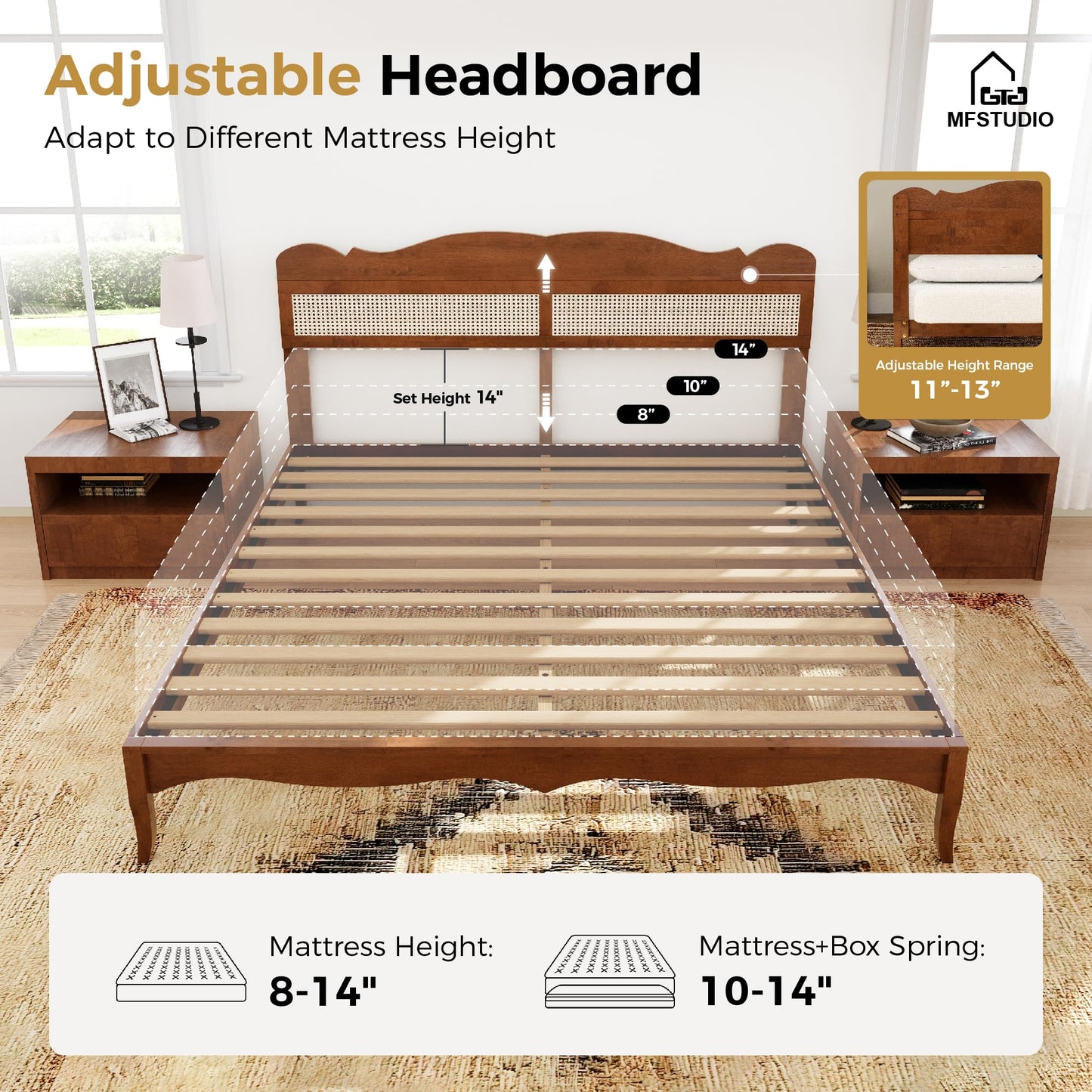 King Wood Bed Frame with Rattan Headboard