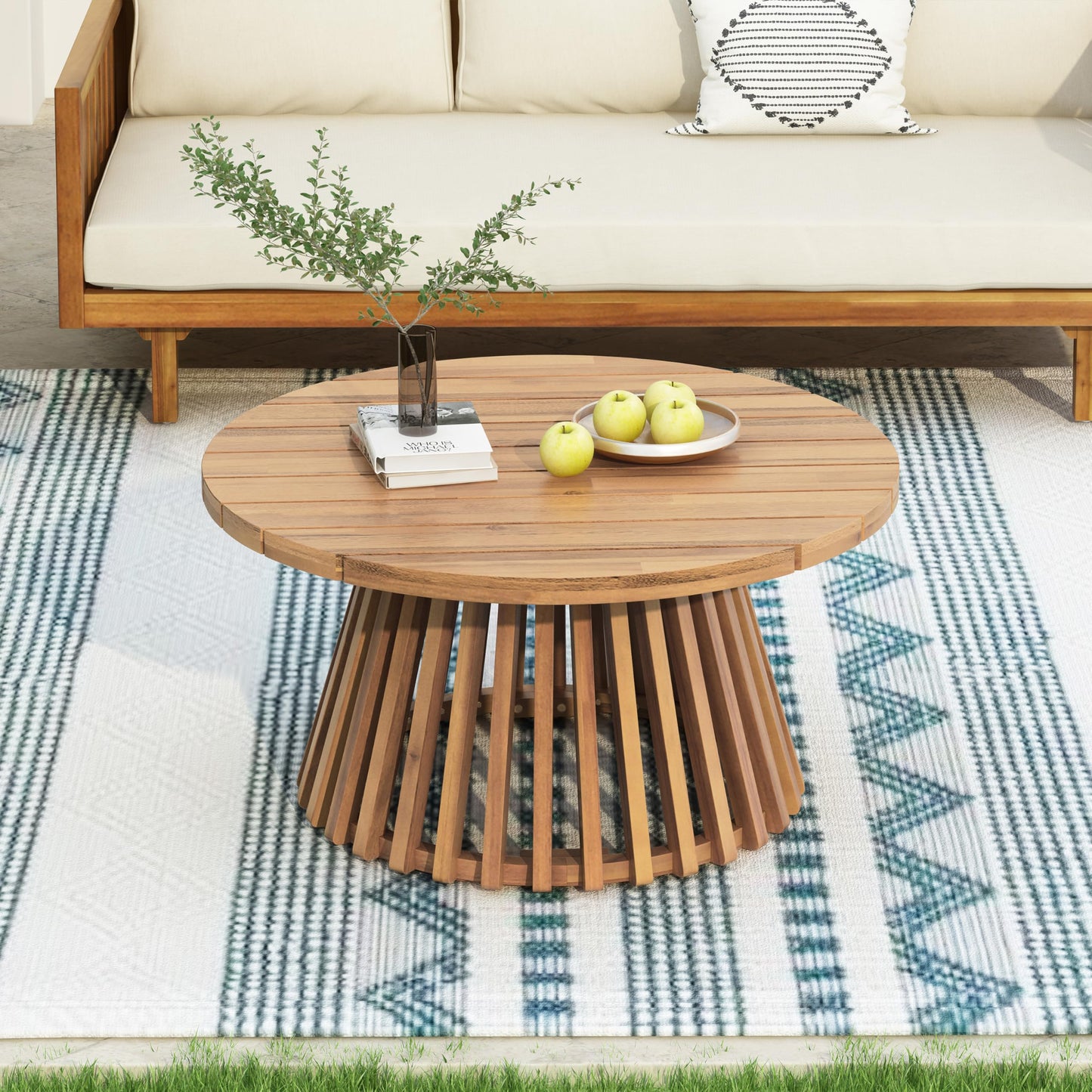 Outdoor Acacia Wood Conversation Set, 3-Seat Loveseat Sofa w/Cushion and Round Coffee Table for Backyard, Patio Furniture, Teak+Beige