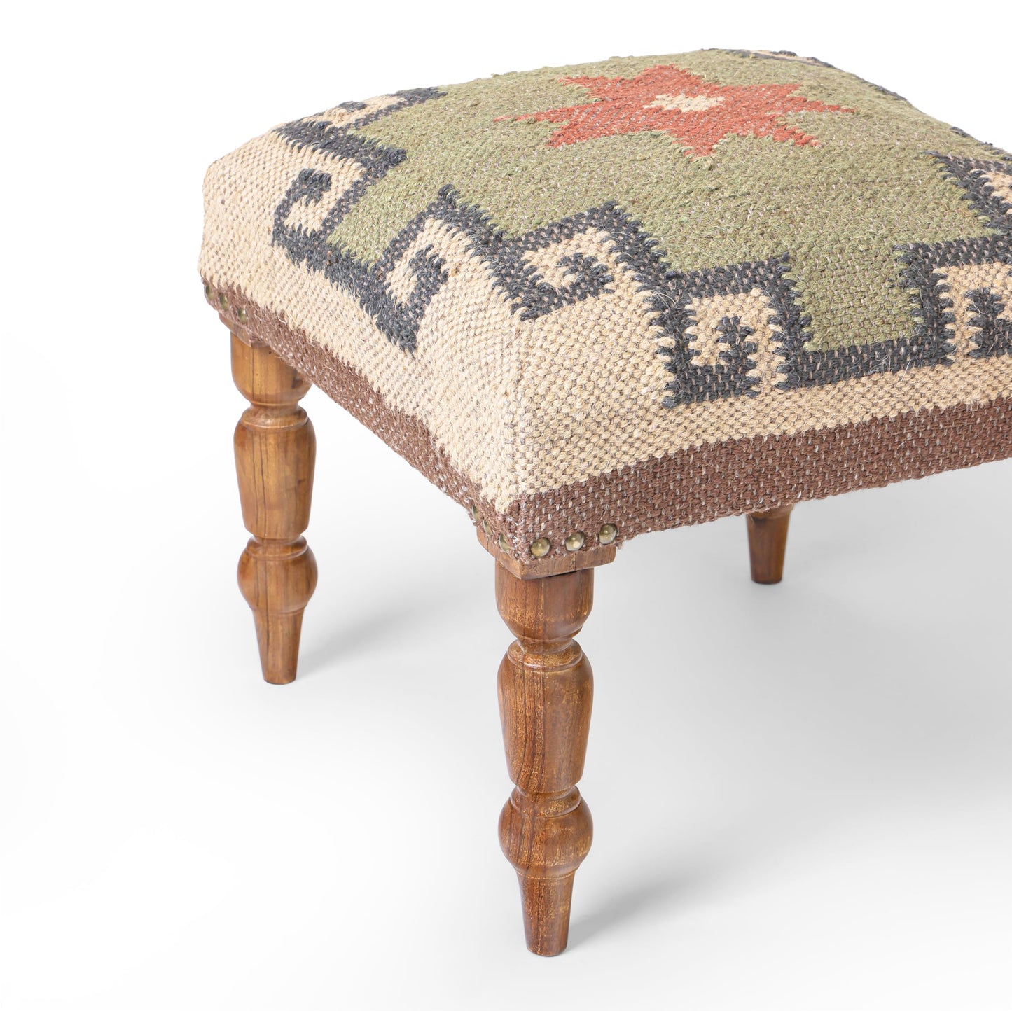 Handmade Jute Ottoman Stool with Wooden Legs