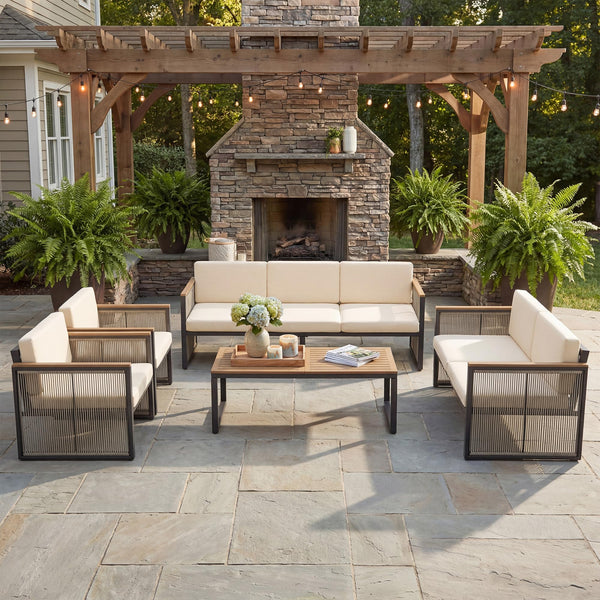 5 Piece Patio Conversation Set for 7, Modular Patio Sofa Couch with Cushions, Rattan Outdoor Patio Furniture Set with Loveseat/Coffee Table, Outdoor Sectional Furniture for Deck/Porch, Beige