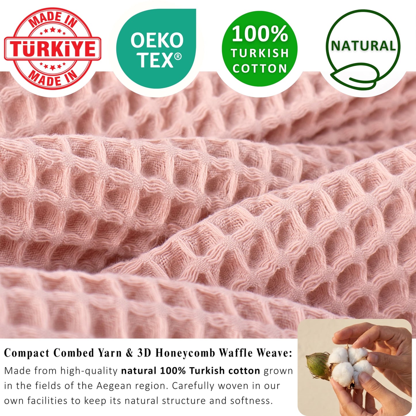 PÜSKÜL Organic Waffle Kitchen Towel Pure 100% Turkish Cotton Set of 3 Natural Raw-Undyed Towel - Premium Quality Soft Quick-Dry Absorbent Lint-Free Hand & Dish Towels Large 32X16 (3, Natural Beige)