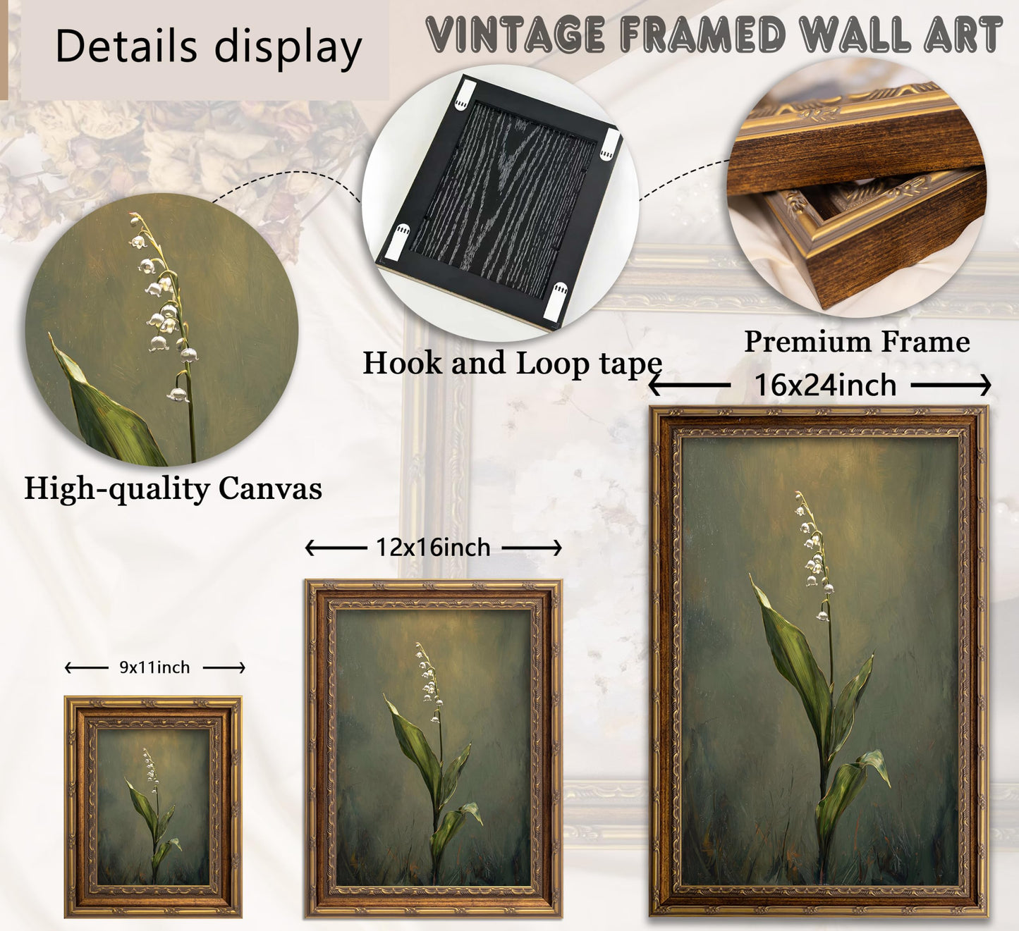 Vintage Gold Framed Moody Flower Canvas Wall Art