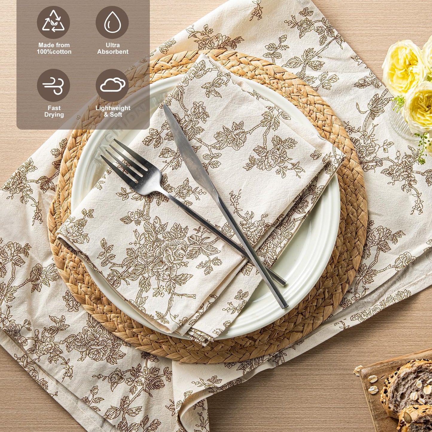 100% Cotton French Pastoral Kitchen Towels Set of 2, Decorative Flour Sack Tea Towels with Hanging Loop 18x25 Inch Absorbent Dish Cloths Farmhouse Home Decor, Brown