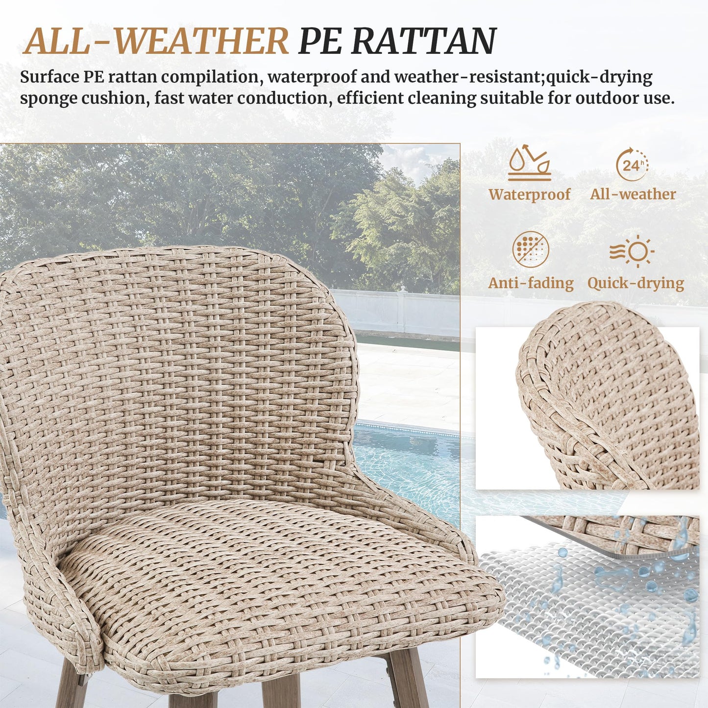 Swivel Outdoor Bar Stools Set of 3, 27" Counter Wicker Patio Chair