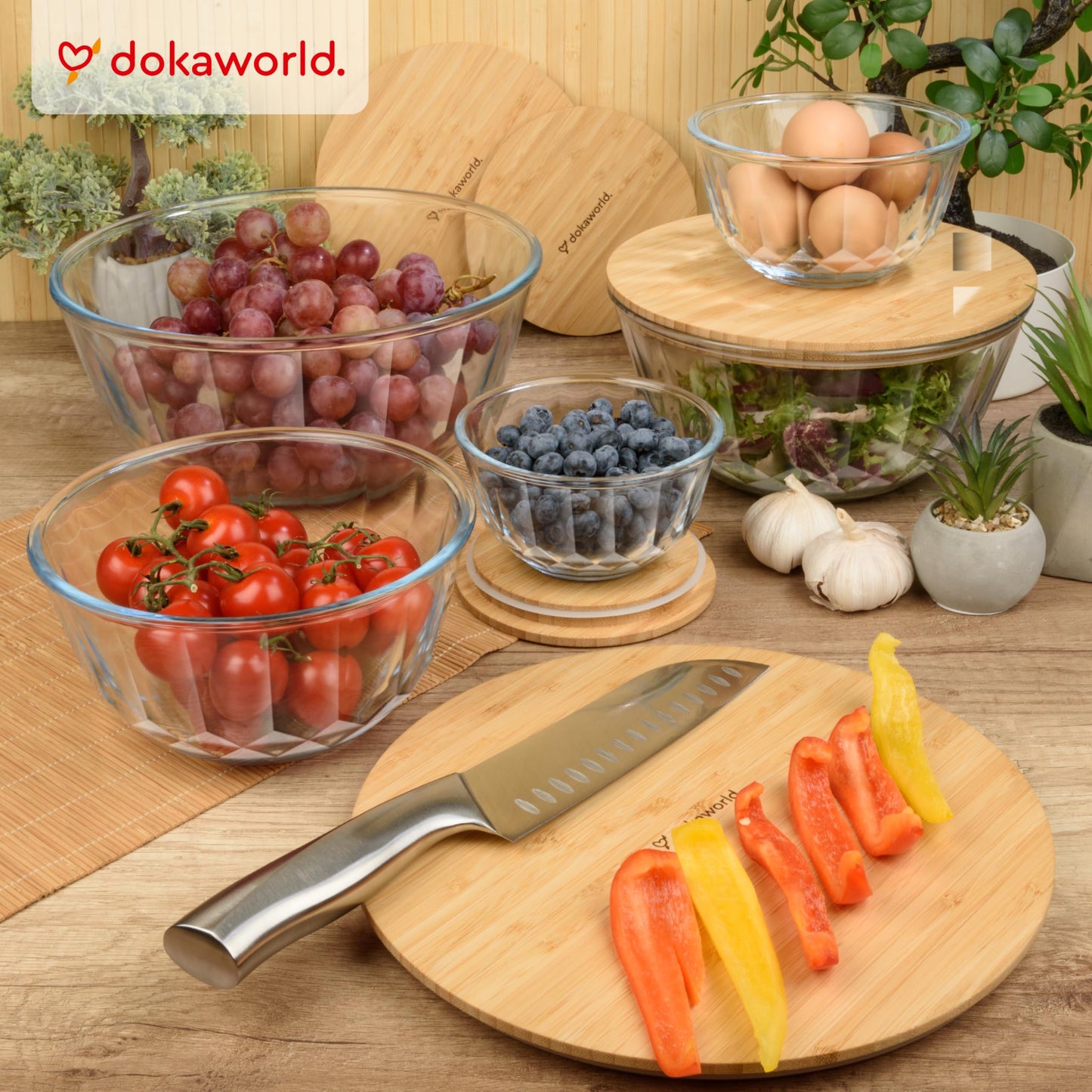 Glass Container Set with Acacia Lids - 4 Stackable Meal Prep Containers. Durable heat resistant Inert Borosilicate Glass