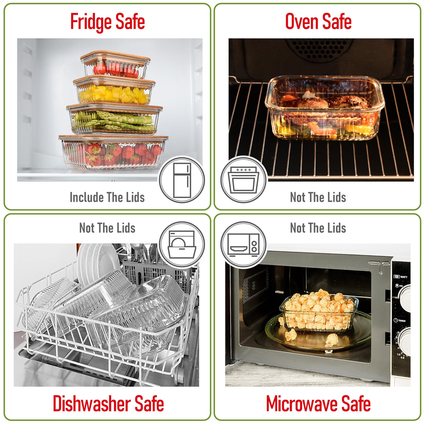 Glass Container Set with Acacia Lids - 4 Stackable Meal Prep Containers. Durable heat resistant Inert Borosilicate Glass