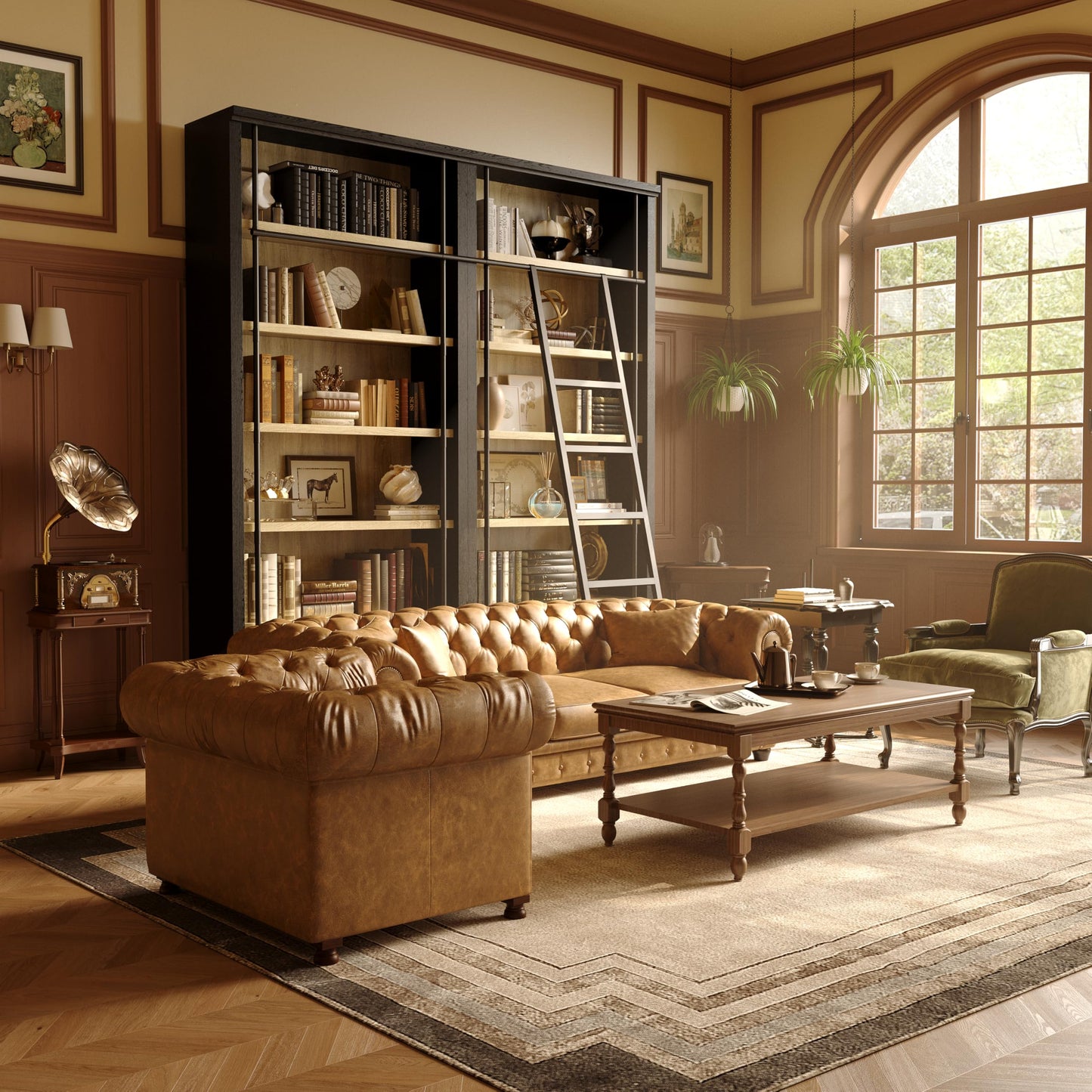 Bookcase Wall with Ladder Black & Wood Grain
