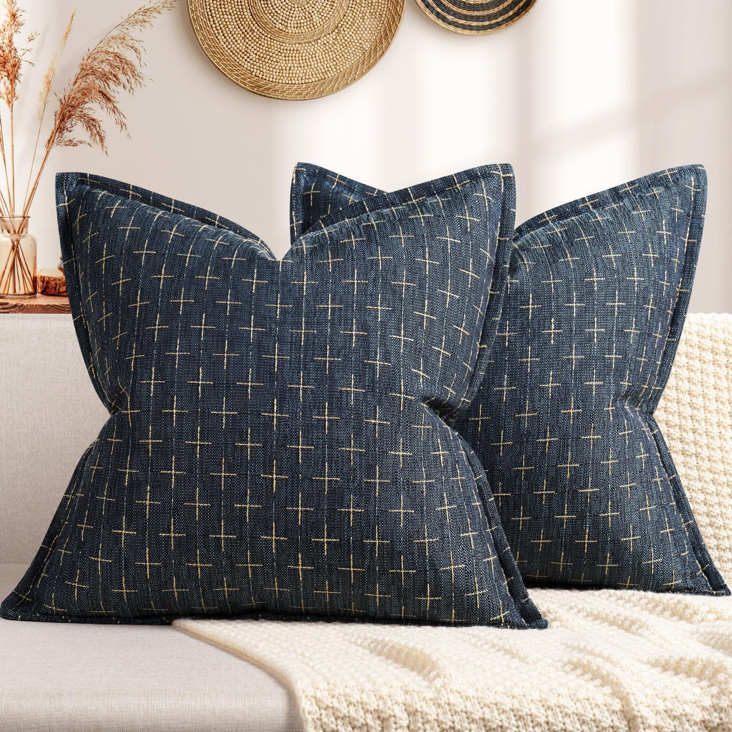 ZWJD Pillow Covers 18x18 Set of 2 Soft Polyester Textured Pillow Covers with Stylish Flange Edge Cozy Farmhouse Throw Pillows for Couch Bed Sofa Living Room
