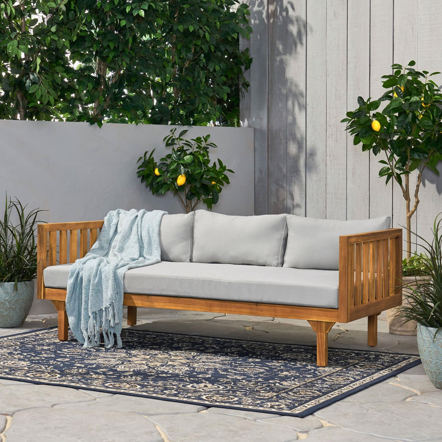 Outdoor Acacia Wood Conversation Set, 3-Seat Loveseat Sofa w/Cushion and Round Coffee Table for Backyard, Patio Furniture, Teak+Beige