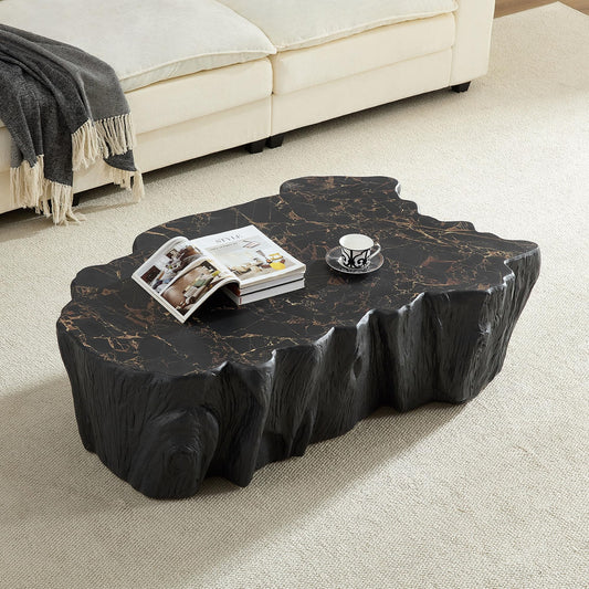 WILLIAMSPACE 43.31" Rectangle Coffee Table with Burl Wood Veneer & Sturdy Base, Modern Luxury Wood Drum Center Table End Table Accent Side Table for Living Room, Minimalist Fluted Design, Oak