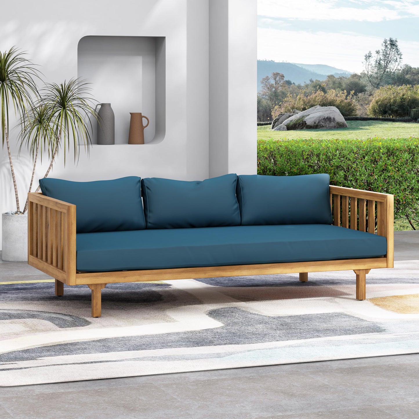 Outdoor Acacia Wood Conversation Set, 3-Seat Loveseat Sofa w/Cushion and Round Coffee Table for Backyard, Patio Furniture, Teak+Beige