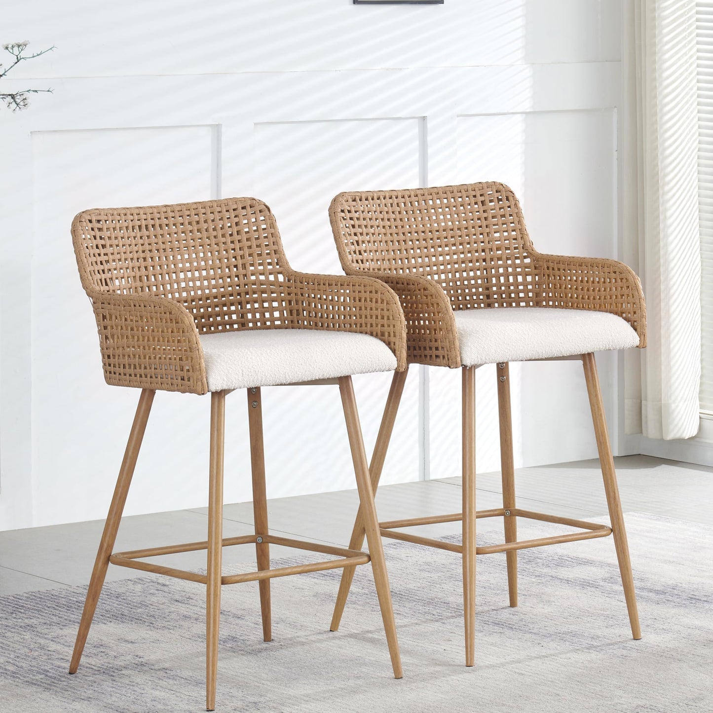 Rattan Bar Stools Set of 2, Counter Height Wicker Bar Stools with Square Back, Square Bar Chair with PE Rattan with Metal Legs,Chair for Home Kitchen