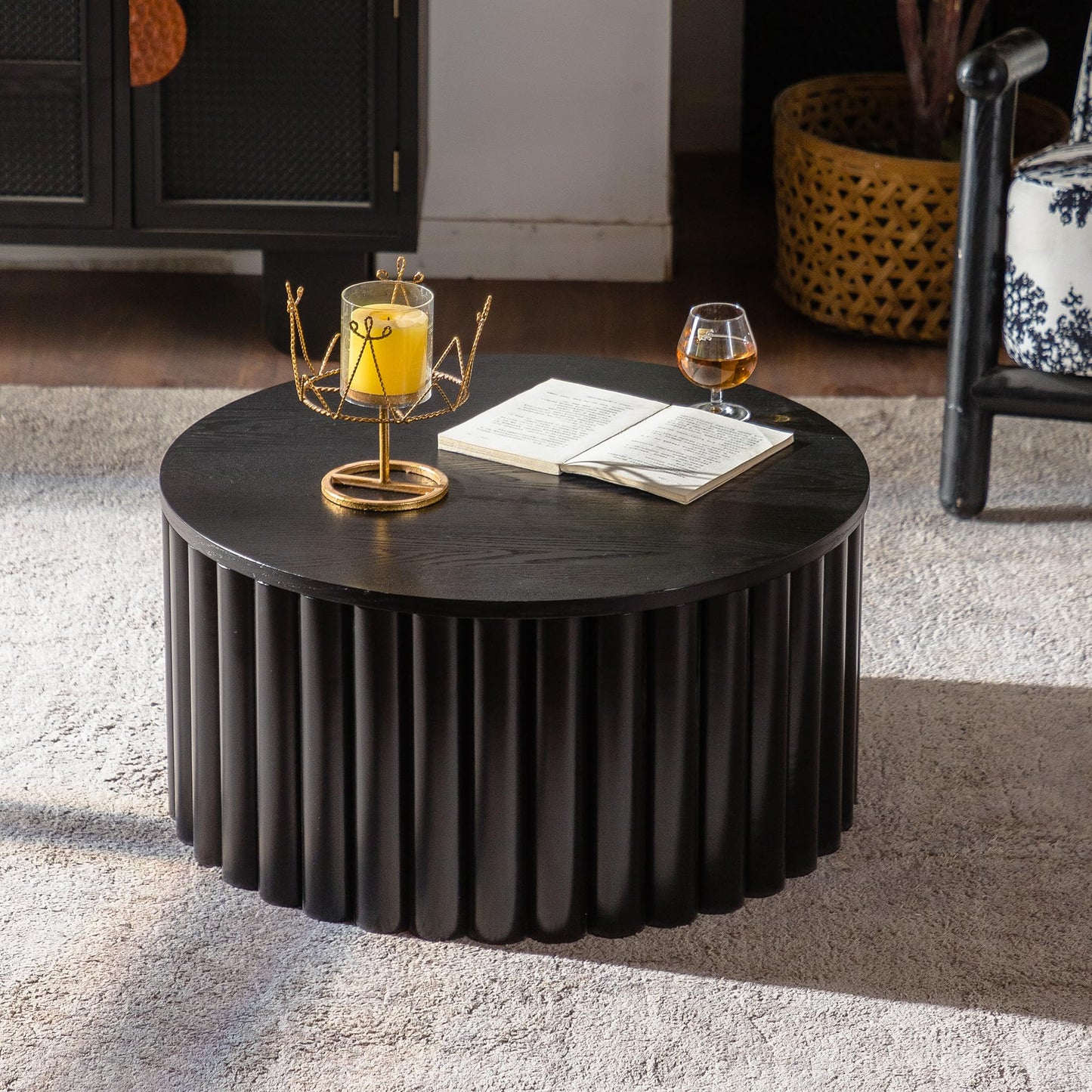 WILLIAMSPACE 43.31" Rectangle Coffee Table with Burl Wood Veneer & Sturdy Base, Modern Luxury Wood Drum Center Table End Table Accent Side Table for Living Room, Minimalist Fluted Design, Oak