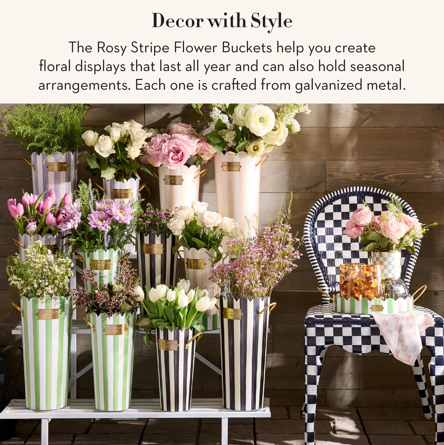 MACKENZIE-CHILDS Set of 3 Galvanized Flower Buckets, Decorative Metal Buckets, Black-and-White Courtly Stripe