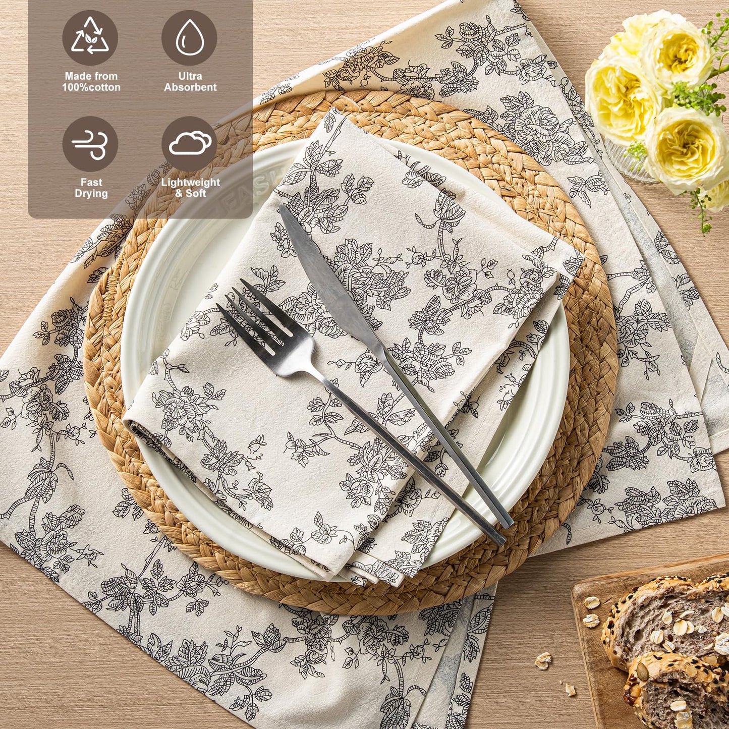 100% Cotton French Pastoral Kitchen Towels Set of 2, Decorative Flour Sack Tea Towels with Hanging Loop 18x25 Inch Absorbent Dish Cloths Farmhouse Home Decor, Brown