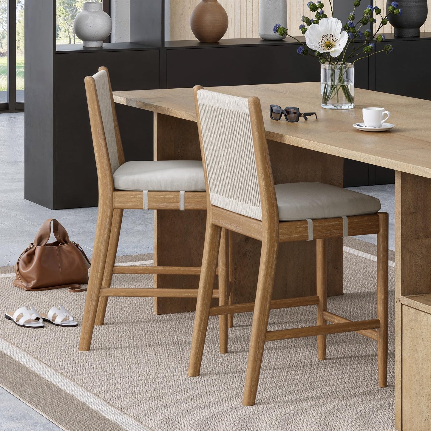 Nathan James Rikki Seagrass Bar Stool with Back, 2-Pack Boucle Counter Stool with Upholstered Seat, Solid Wood Frame, and Woven Seagrass Backrest