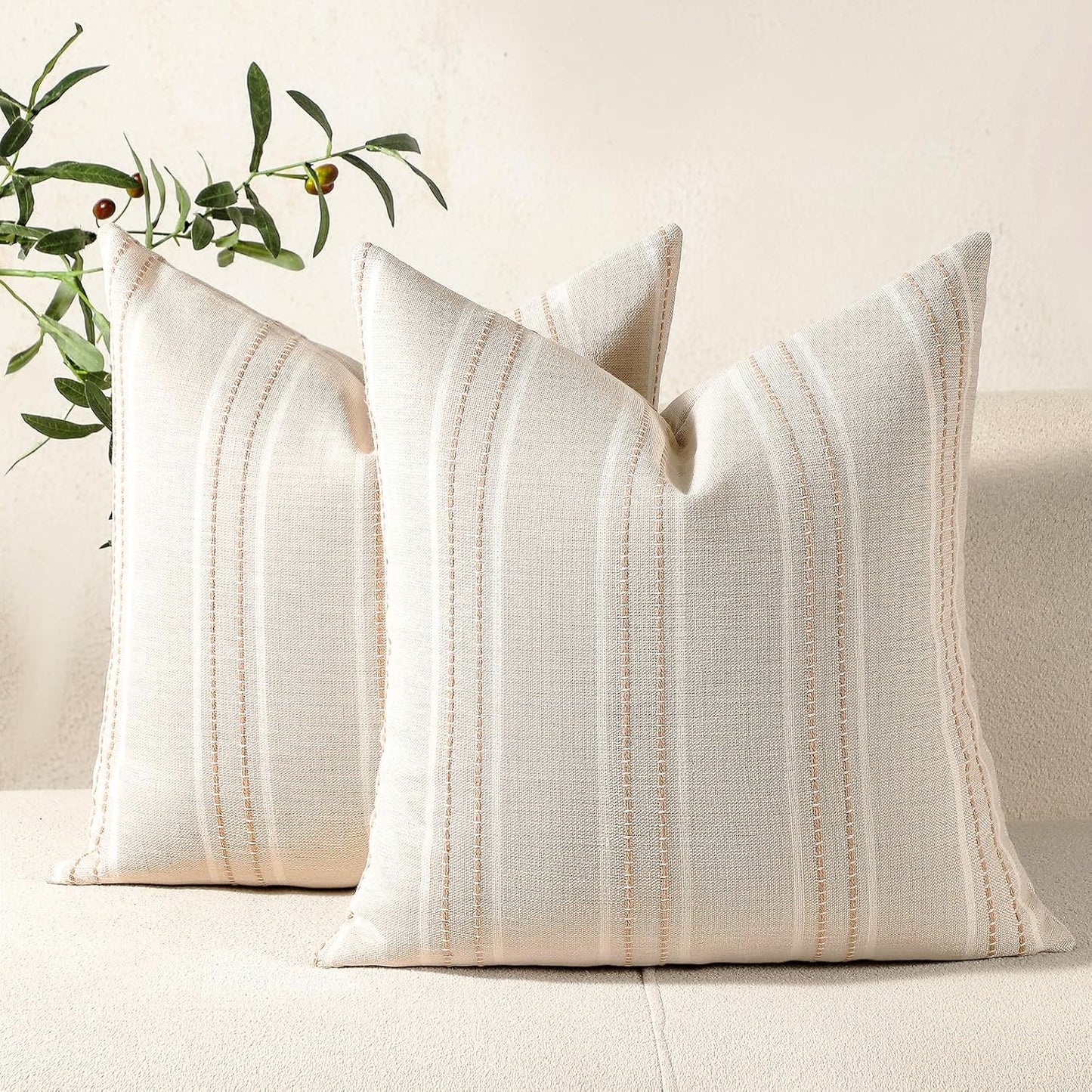 Hckot Hand Made Throw Pillow Covers 20x20 Set of 2 Striped Pillow Covers Linen Decorative Pillows Square Cushion Covers for Sofa Couch Bed Living Room Farmhouse Decor, Khaki