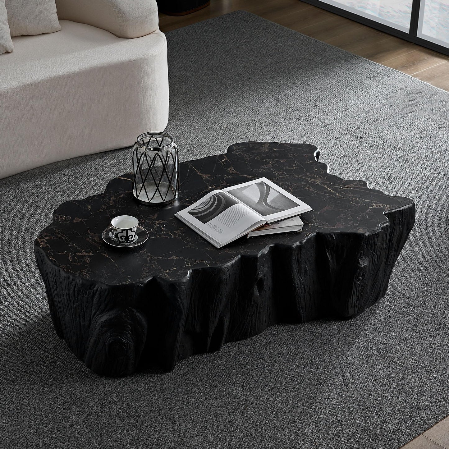 WILLIAMSPACE 43.31" Rectangle Coffee Table with Burl Wood Veneer & Sturdy Base, Modern Luxury Wood Drum Center Table End Table Accent Side Table for Living Room, Minimalist Fluted Design, Oak