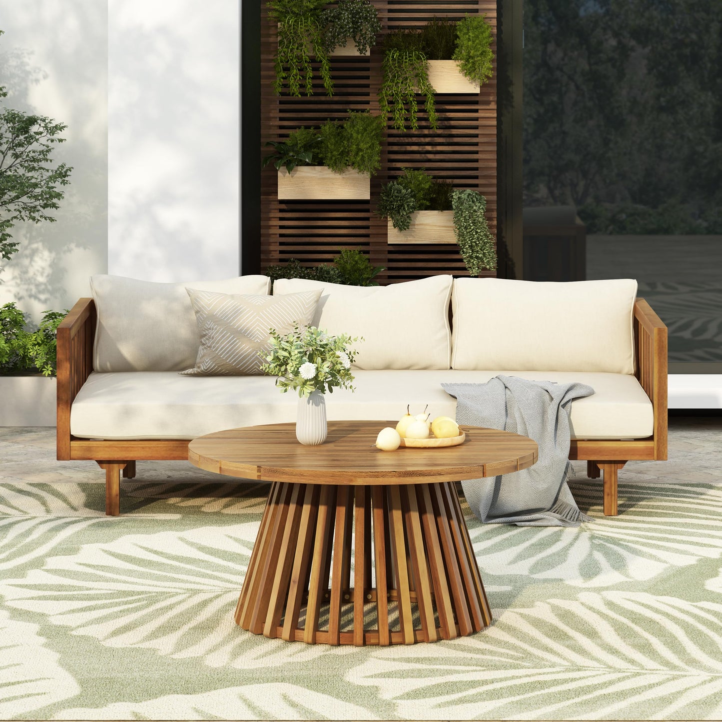 Outdoor Acacia Wood Conversation Set, 3-Seat Loveseat Sofa w/Cushion and Round Coffee Table for Backyard, Patio Furniture, Teak+Beige