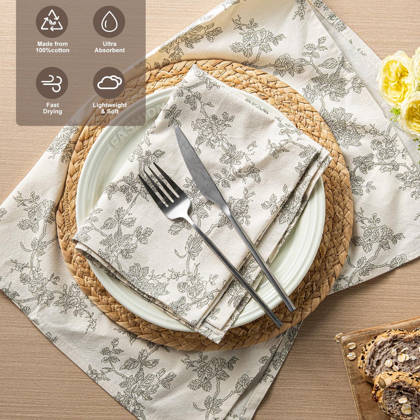 100% Cotton French Pastoral Kitchen Towels Set of 2, Decorative Flour Sack Tea Towels with Hanging Loop 18x25 Inch Absorbent Dish Cloths Farmhouse Home Decor, Brown