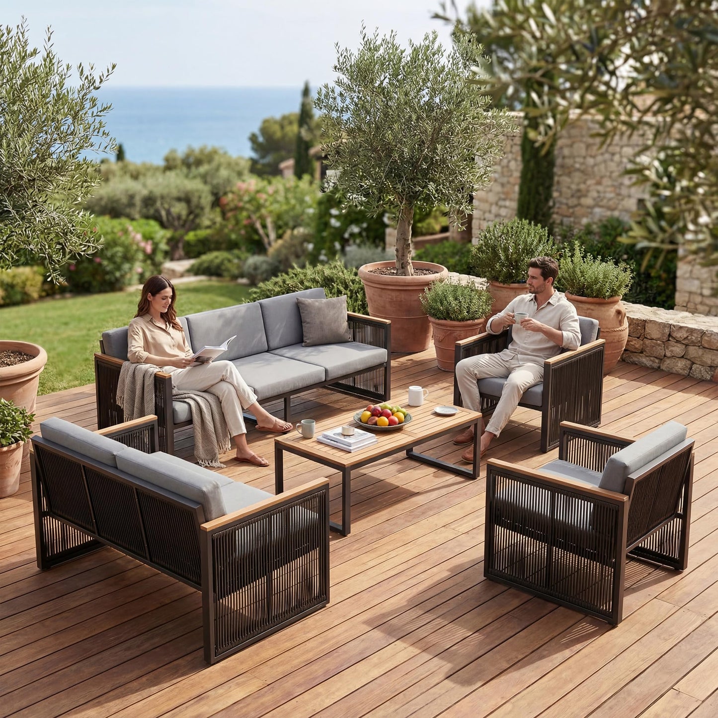 5 Piece Patio Conversation Set for 7, Modular Patio Sofa Couch with Cushions, Rattan Outdoor Patio Furniture Set with Loveseat/Coffee Table, Outdoor Sectional Furniture for Deck/Porch, Beige