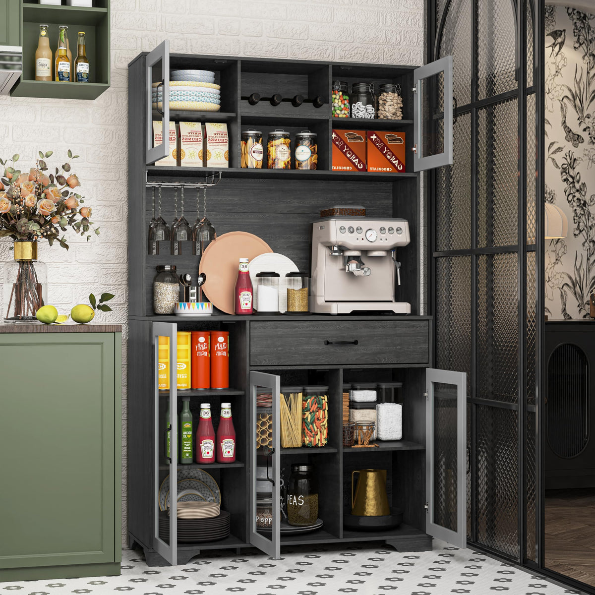 71" Cabinet with Wine Rack and Charging Station, Set of 2
