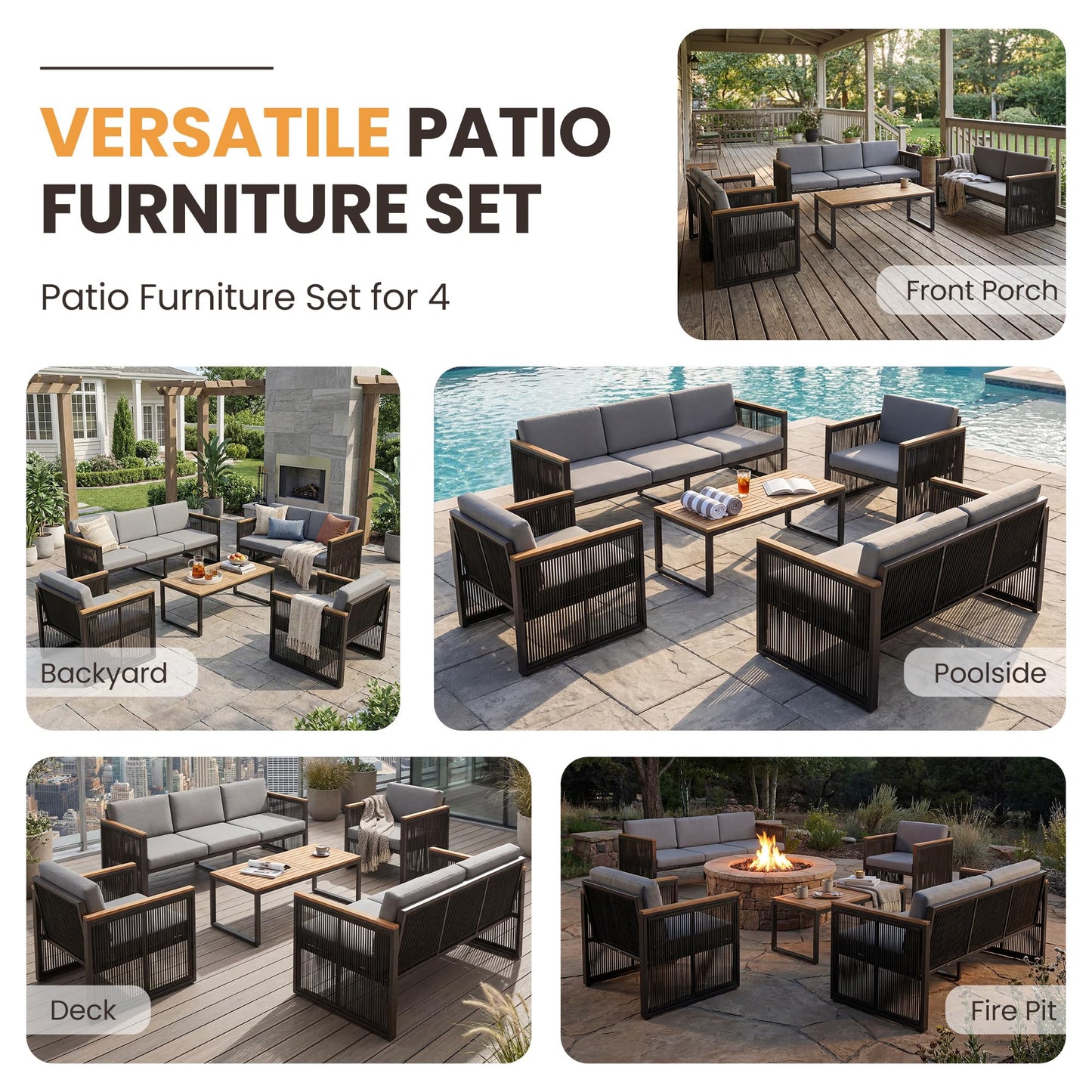 5 Piece Patio Conversation Set for 7, Modular Patio Sofa Couch with Cushions, Rattan Outdoor Patio Furniture Set with Loveseat/Coffee Table, Outdoor Sectional Furniture for Deck/Porch, Beige