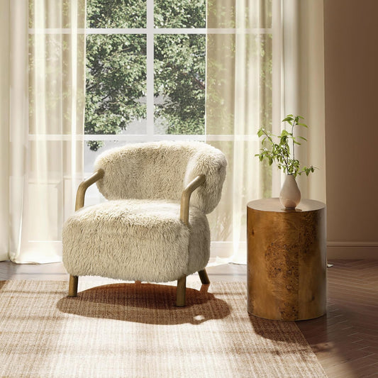 33" Oak Sheepskin Upholstered Accent Arm Chair