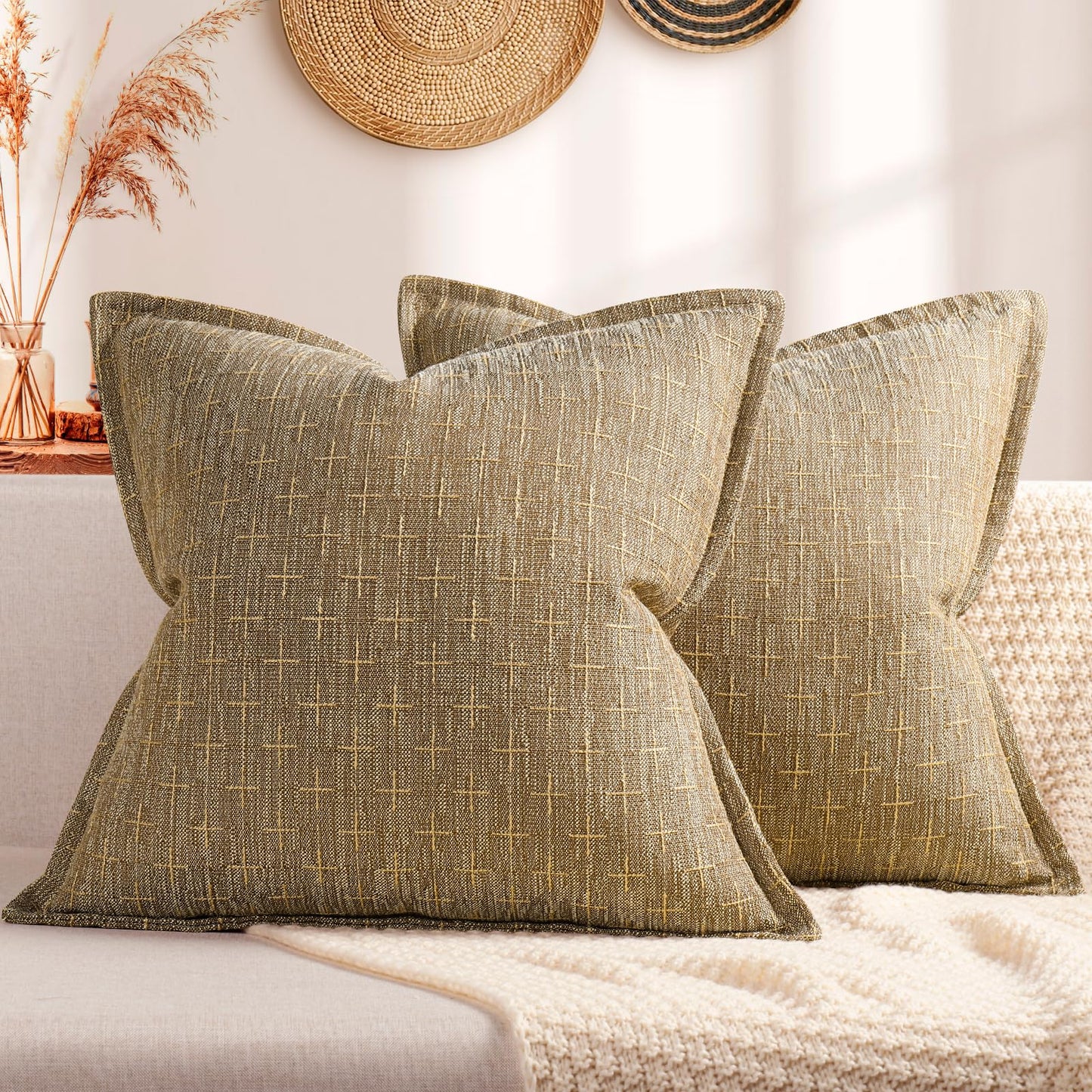 ZWJD Pillow Covers 18x18 Set of 2 Soft Polyester Textured Pillow Covers with Stylish Flange Edge Cozy Farmhouse Throw Pillows for Couch Bed Sofa Living Room