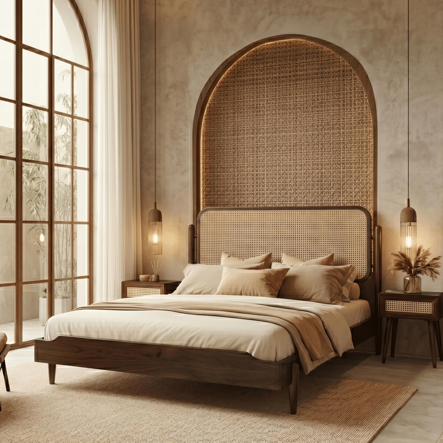 King Platform Bed with Natural Rattan Headboard