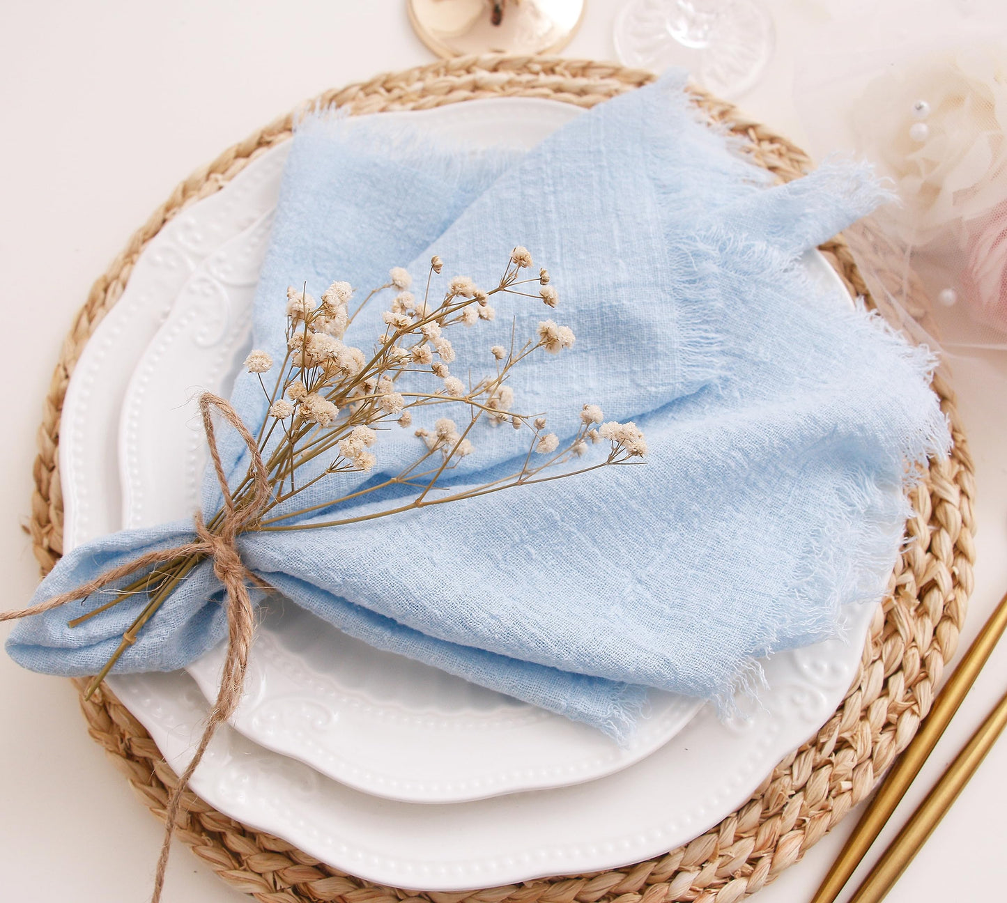 Cloth Napkins with Fringe Set of 12,100% Soft Cotton, Gauze Washable Easter Napkins for Wedding Decorative Dinner Parties, Valentine's Day (16''*16'') Light Blue