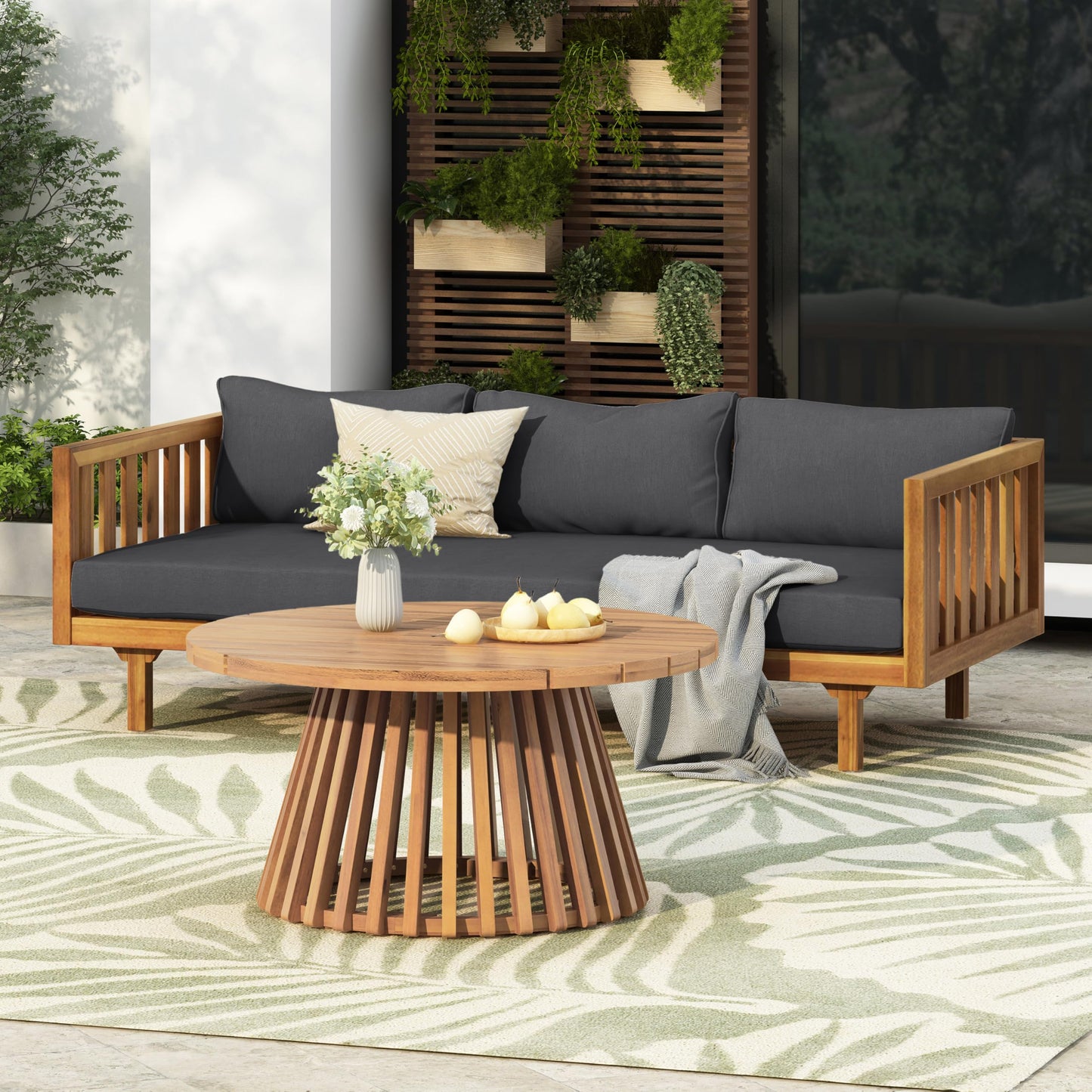 Outdoor Acacia Wood Conversation Set, 3-Seat Loveseat Sofa w/Cushion and Round Coffee Table for Backyard, Patio Furniture, Teak+Beige