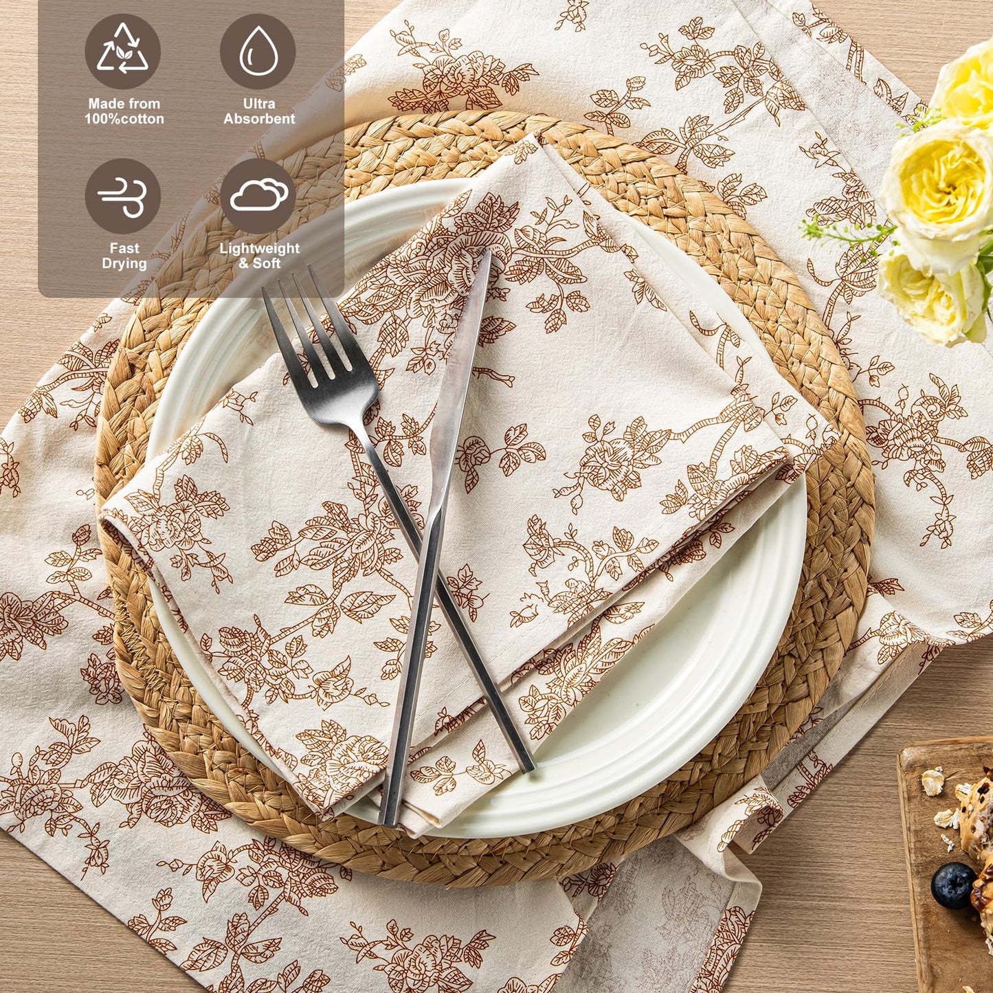 100% Cotton French Pastoral Kitchen Towels Set of 2, Decorative Flour Sack Tea Towels with Hanging Loop 18x25 Inch Absorbent Dish Cloths Farmhouse Home Decor, Brown