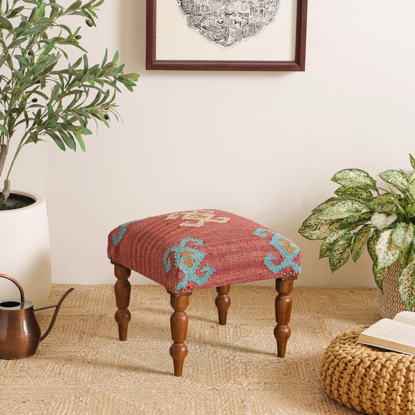 Handmade Jute Ottoman Stool with Wooden Legs