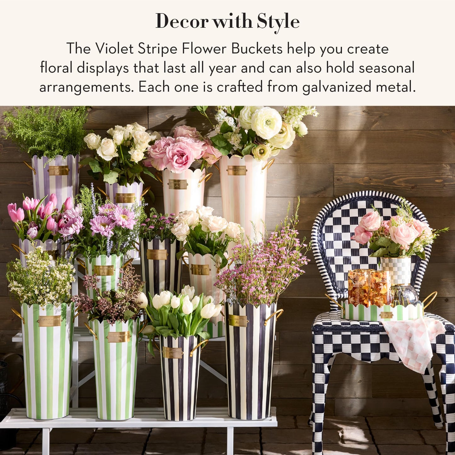 MACKENZIE-CHILDS Set of 3 Galvanized Flower Buckets, Decorative Metal Buckets, Black-and-White Courtly Stripe