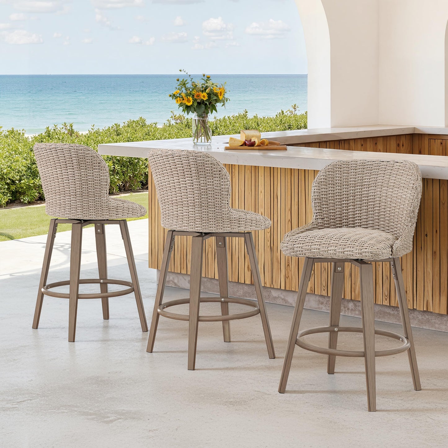 Swivel Outdoor Bar Stools Set of 3, 27" Counter Wicker Patio Chair