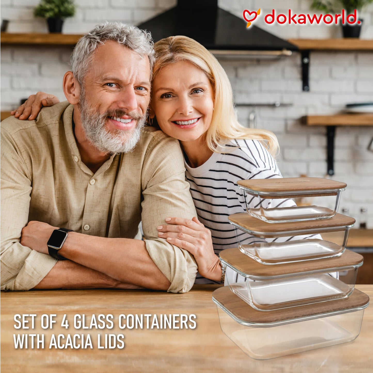 Glass Container Set with Acacia Lids - 4 Stackable Meal Prep Containers. Durable heat resistant Inert Borosilicate Glass
