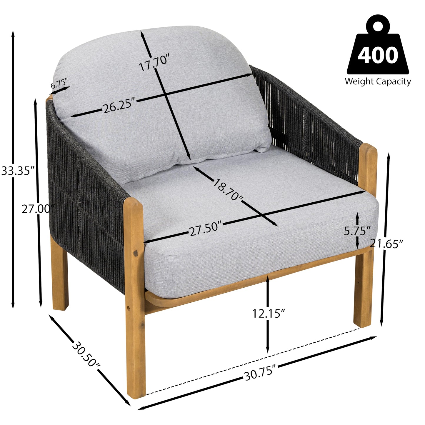 Merax Patio Chairs Set of 2, Acacia Wood Outdoor Club Chair with Cozy 5.75" Thick Cushion & Rope-Weave Backrest, Bohe Style Patio Dining Armchair Chairs for Garden Balcony Outside Dining Relax, Beige